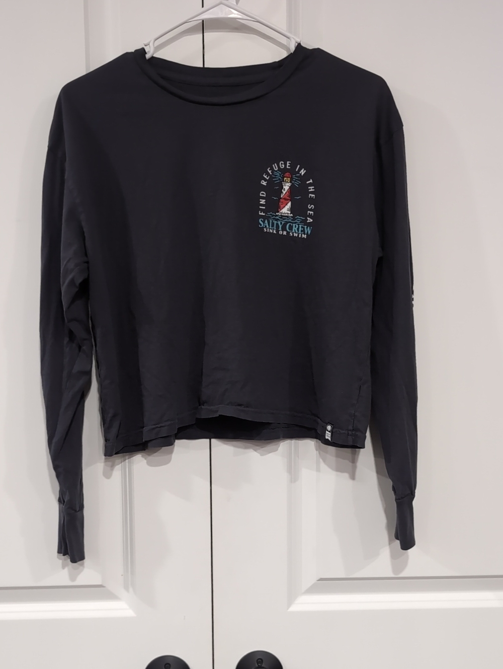 Salty Crew Black Long-Sleeve Cropped Graphic Tee with Nautical Chest Print